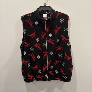 Vintage Napa Valley Fleece Reindeer Snowflakes Black Zip‎ Vest 1XL